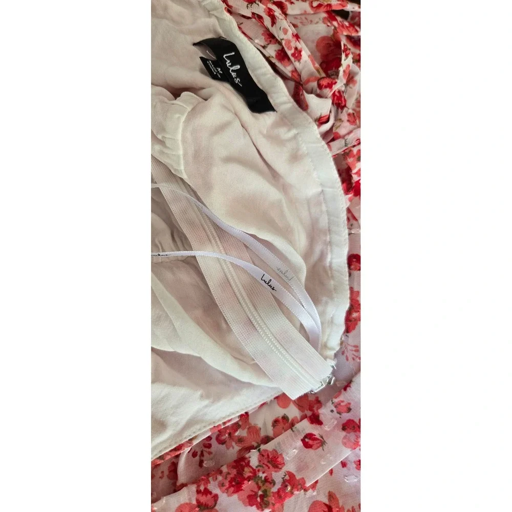 LULU'S Maxi Dress Red White V-Neck Ruffle Hem Sleeveless Backless Summer Gown - Picture 8 of 8